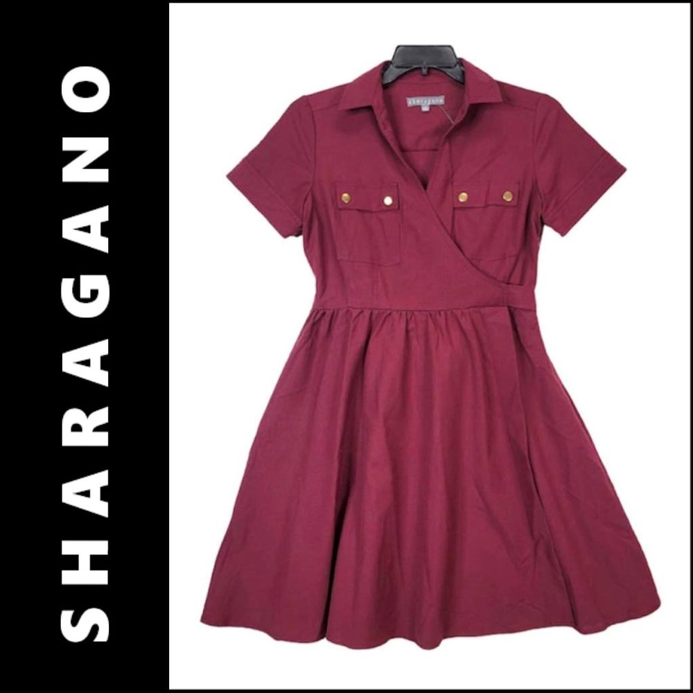 Sharagano Burgundy Short Sleeve Wrap-Style Midi Dress